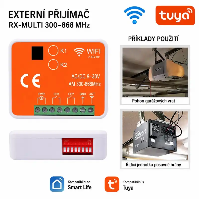 Super nabídka | Univerzální 2-kanálový WiFi/RF přijímač 300–868 MHz pro vrata a brány, Tuya/SmartLife